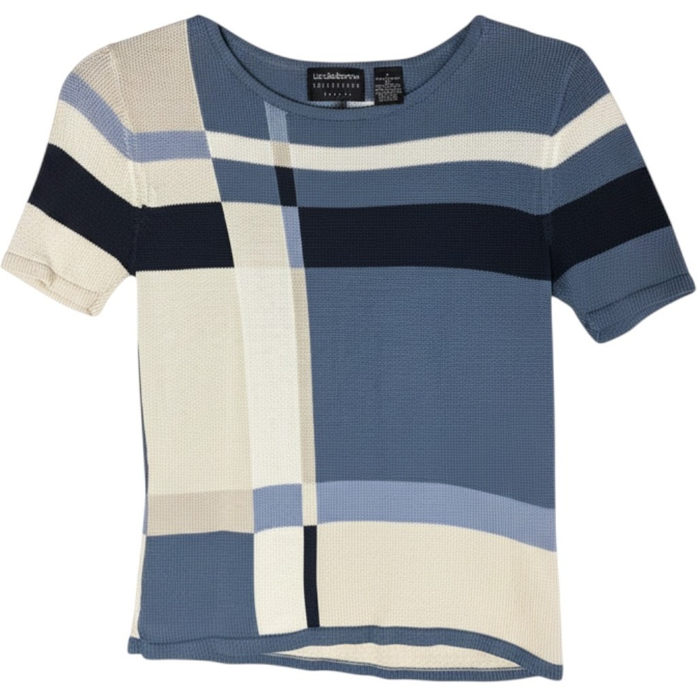 Liz Claiborne Petite Blue Silk Colorblock Striped Short Sleeve Sweater Top